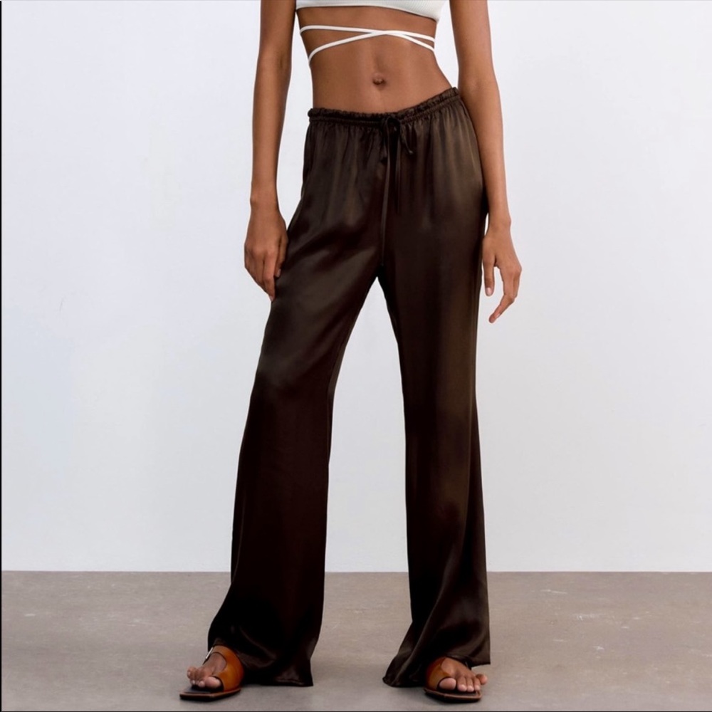 Zara brown satin effect drawstring pants